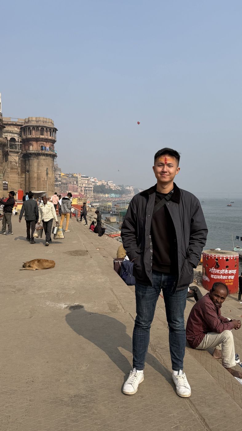 Andrew on the ghats at Varanasi, beside the Ganges.